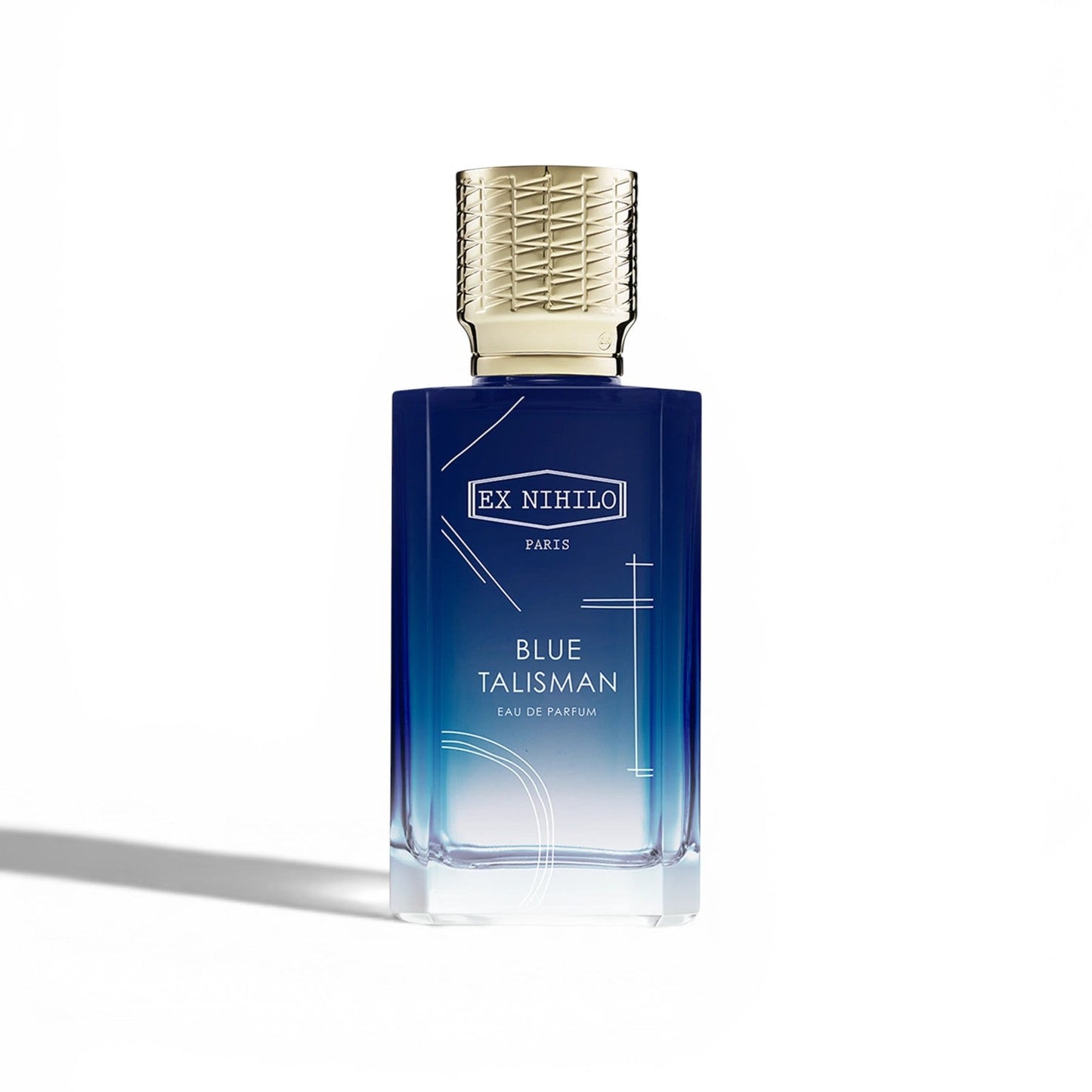 Blue perfume bottle with gold cap on a white background