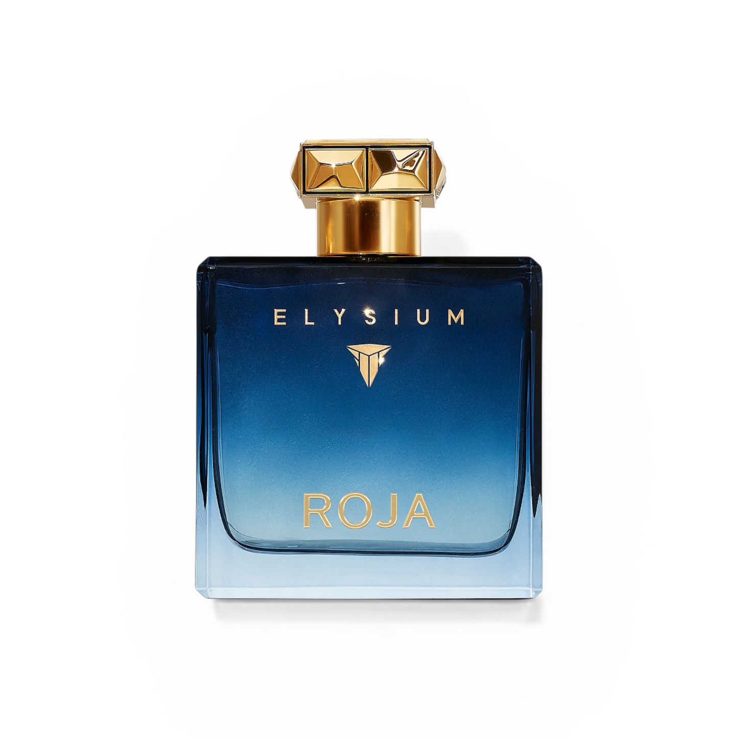 Perfume bottle labeled 'Elysium' by 'Roja' on a white background