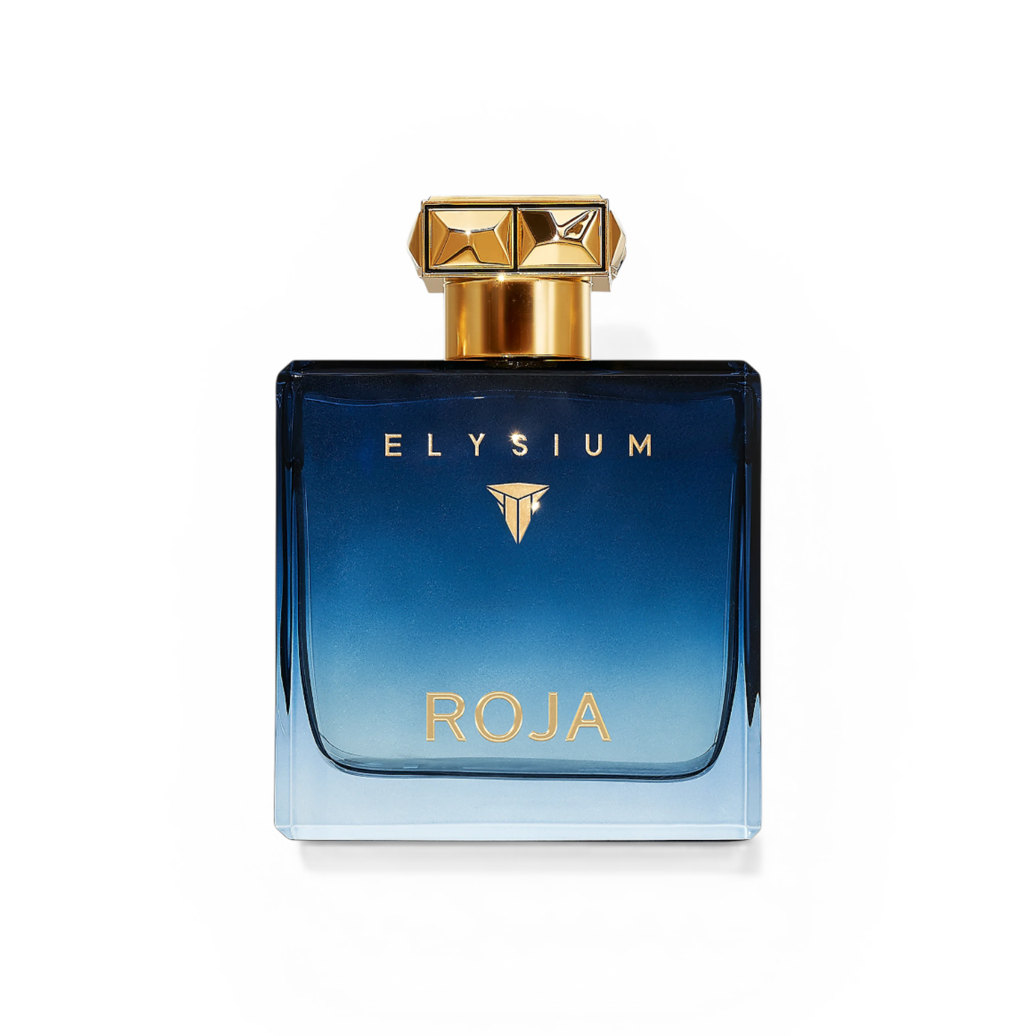 Perfume bottle labeled 'Elysium' by 'Roja' on a white background