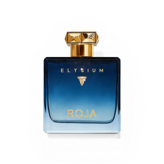 Perfume bottle labeled 'Elysium' by 'Roja' on a white background
