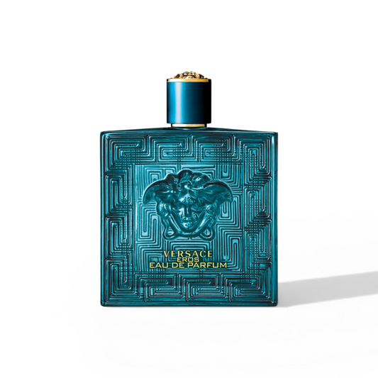 Blue Versace perfume bottle on a white background