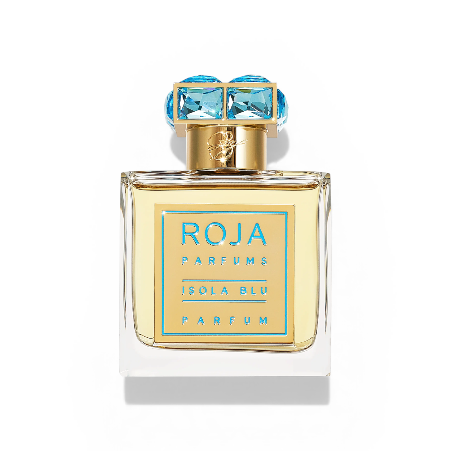 Perfume bottle with blue cap and gold accents on a white background