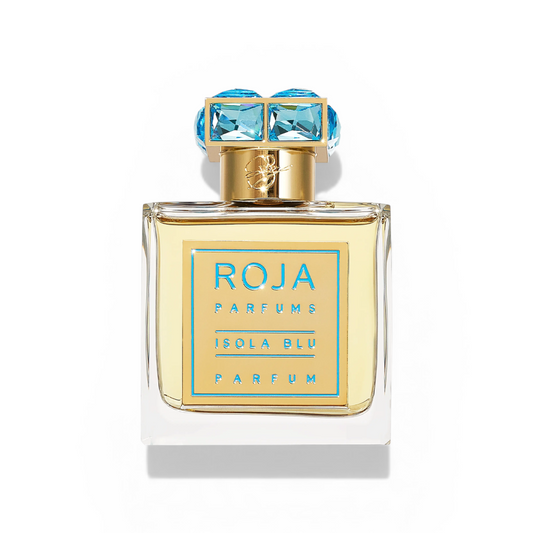 Perfume bottle with blue cap and gold accents on a white background