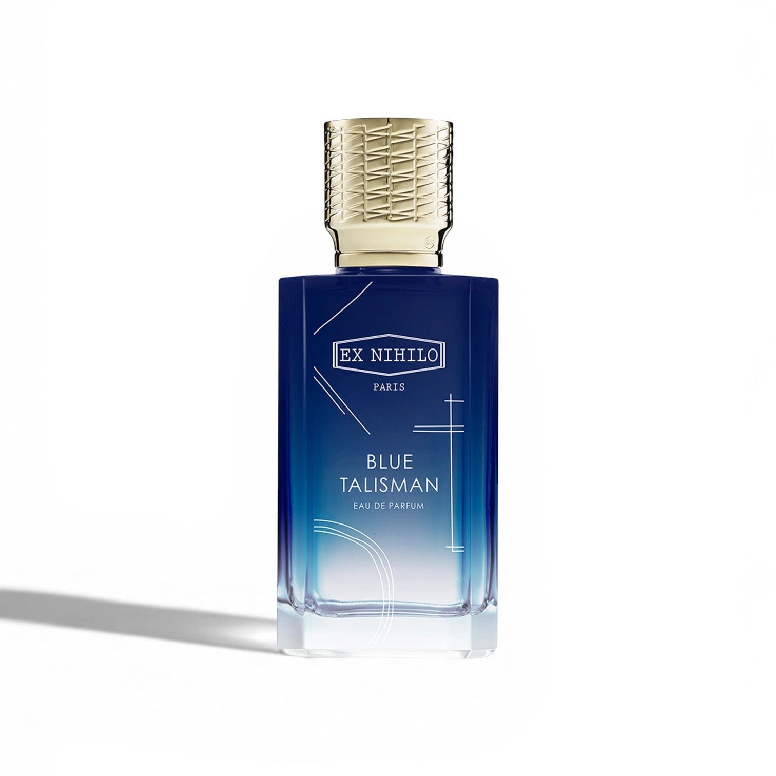 Blue perfume bottle with gold cap on a white background