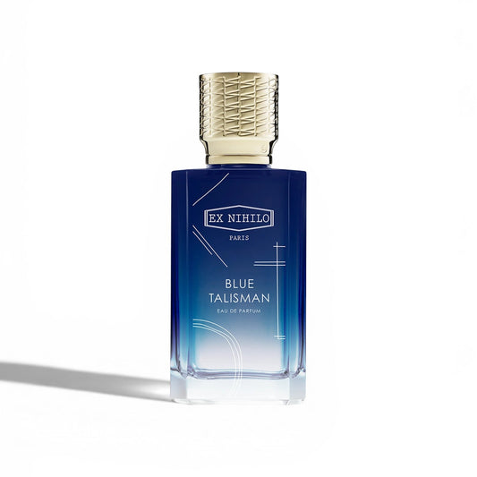 Blue perfume bottle with gold cap on a white background